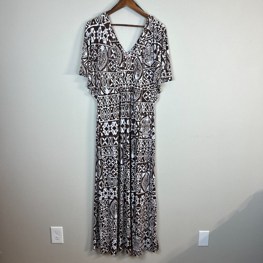 Tori Richards‎ Honolulu Dress Medium Brown White Printed Maxi Flutter Sleeveless